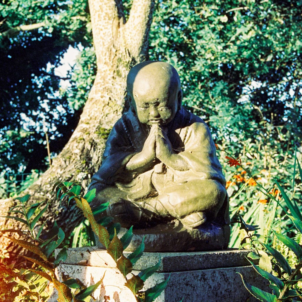 Monk statue in forest