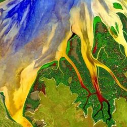 This false-colored image of Western Australia from Landsat 8 shows sediment and nutrient flow patterns (blue/yellow/red) in the mouth of a nearby river.